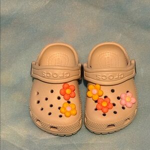 CROCS Kids' Bone colored Clogs with Colorful Floral Accents